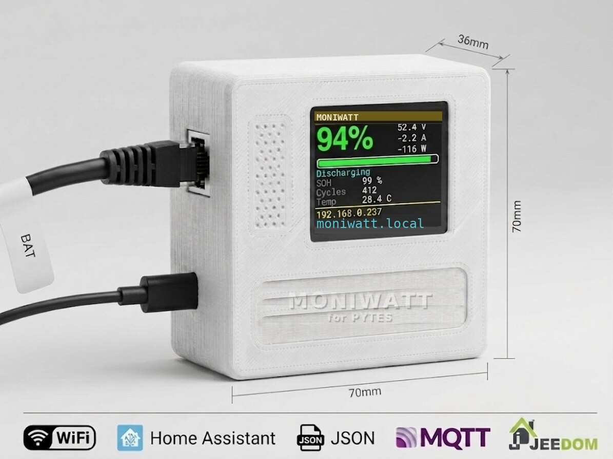 MoniWatt for Pytes Wi-Fi box with colour screen showing battery state of charge, voltage and current